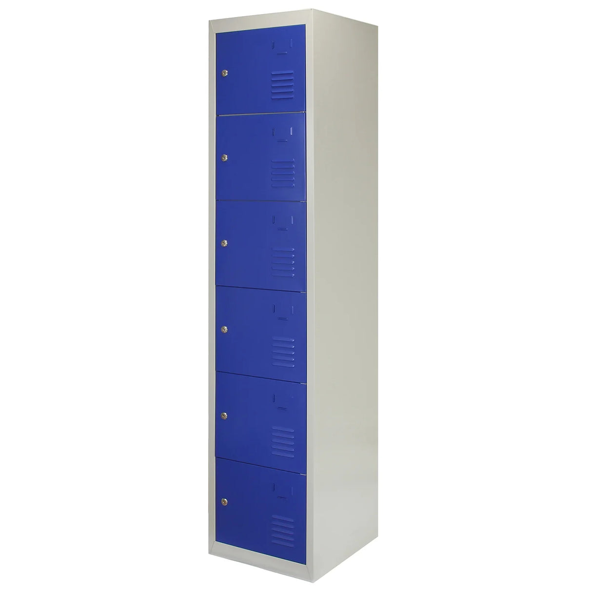 Metal storage locker unit with six blue doors, featuring a sleek silver frame and ventilation slots for airflow, ideal for organizing belongings