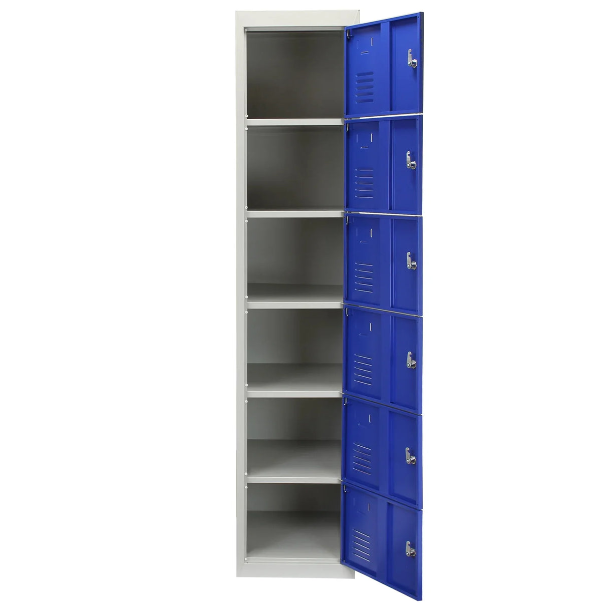 Blue metal storage lockers with six doors, featuring a sleek design, flatpack structure, and ventilation slots for airflow