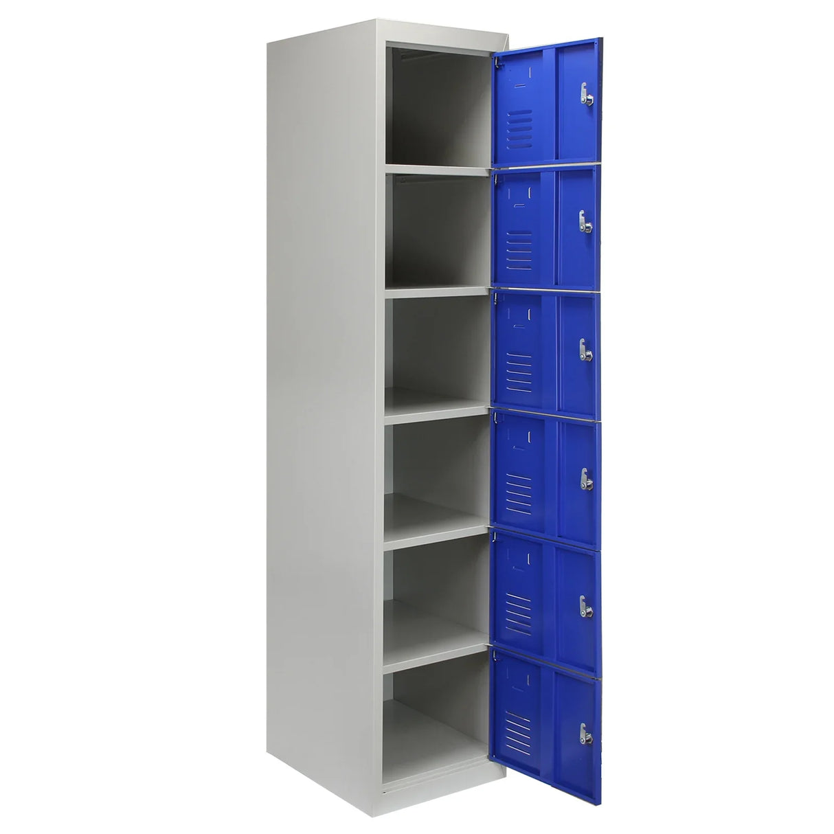 Metal storage locker unit with six blue doors, sleek gray body, and ventilation slots, ideal for organizing personal items in a flatpack design