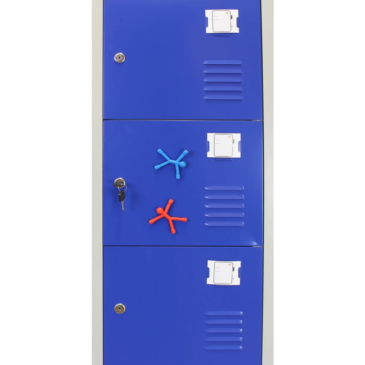 Blue metal storage lockers with six doors, featuring colorful hooks and a key lock, designed for secure organization and easy access