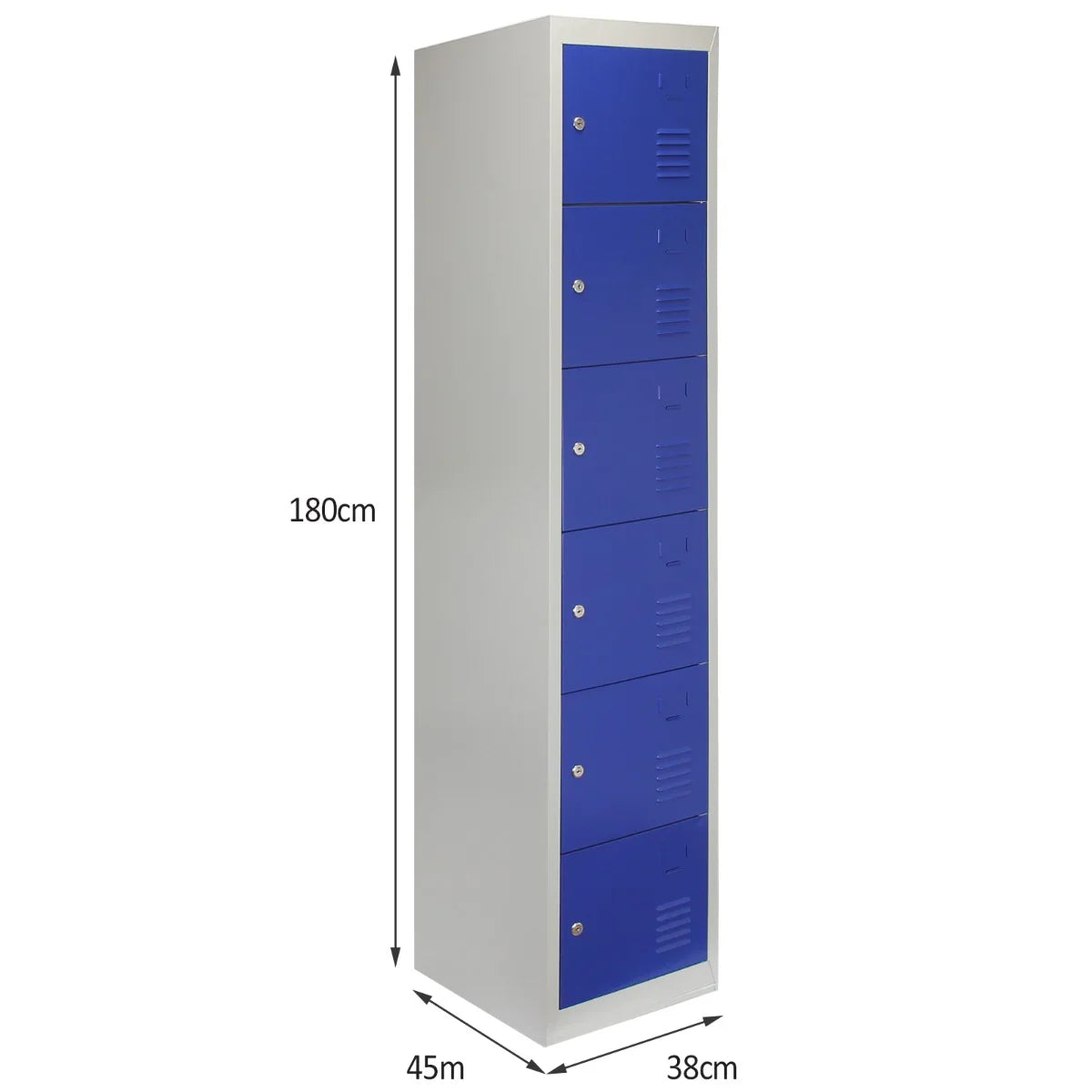 Six-door metal storage lockers in blue, featuring a sleek design, durable finish, and compact dimensions for efficient organization