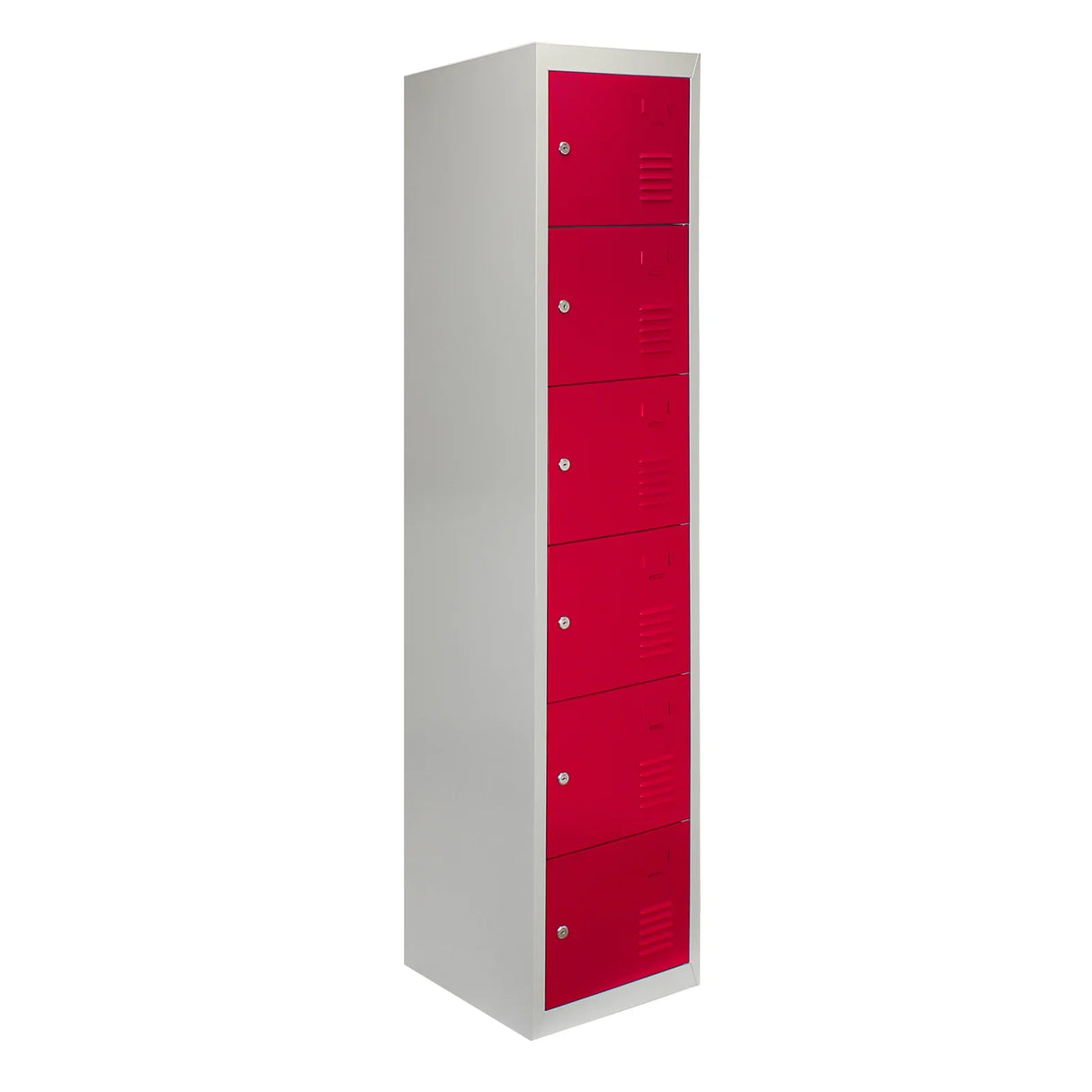 Red metal storage lockers with six doors, featuring a sleek design and flatpacked for easy assembly, perfect for organizing spaces