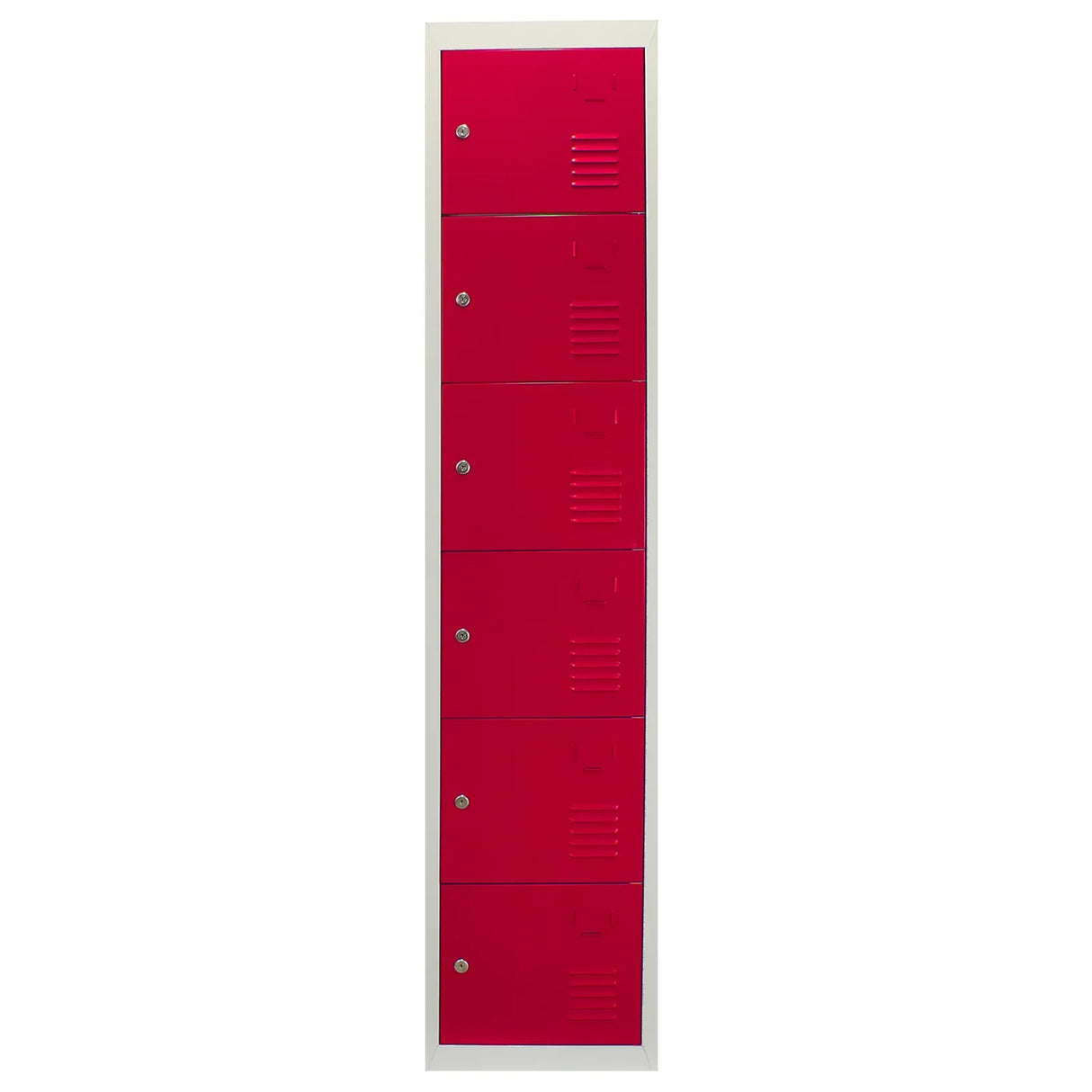 Six-door metal storage lockers in vibrant red with a smooth finish, featuring ventilation slots and key locks, designed for flatpack assembly