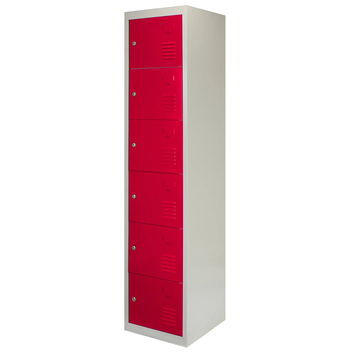 Red metal storage locker unit with six doors, featuring a sleek design and durable finish, ideal for organizing personal items