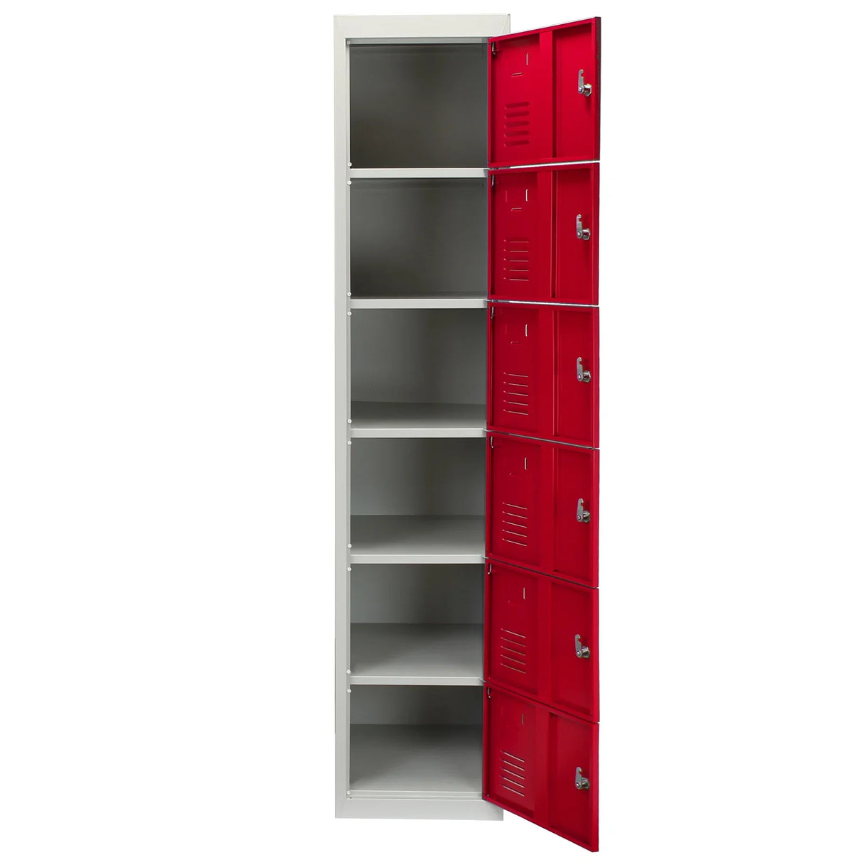 Red metal storage lockers with six doors, featuring a sleek design and flatpacked for easy assembly, ideal for organizing spaces