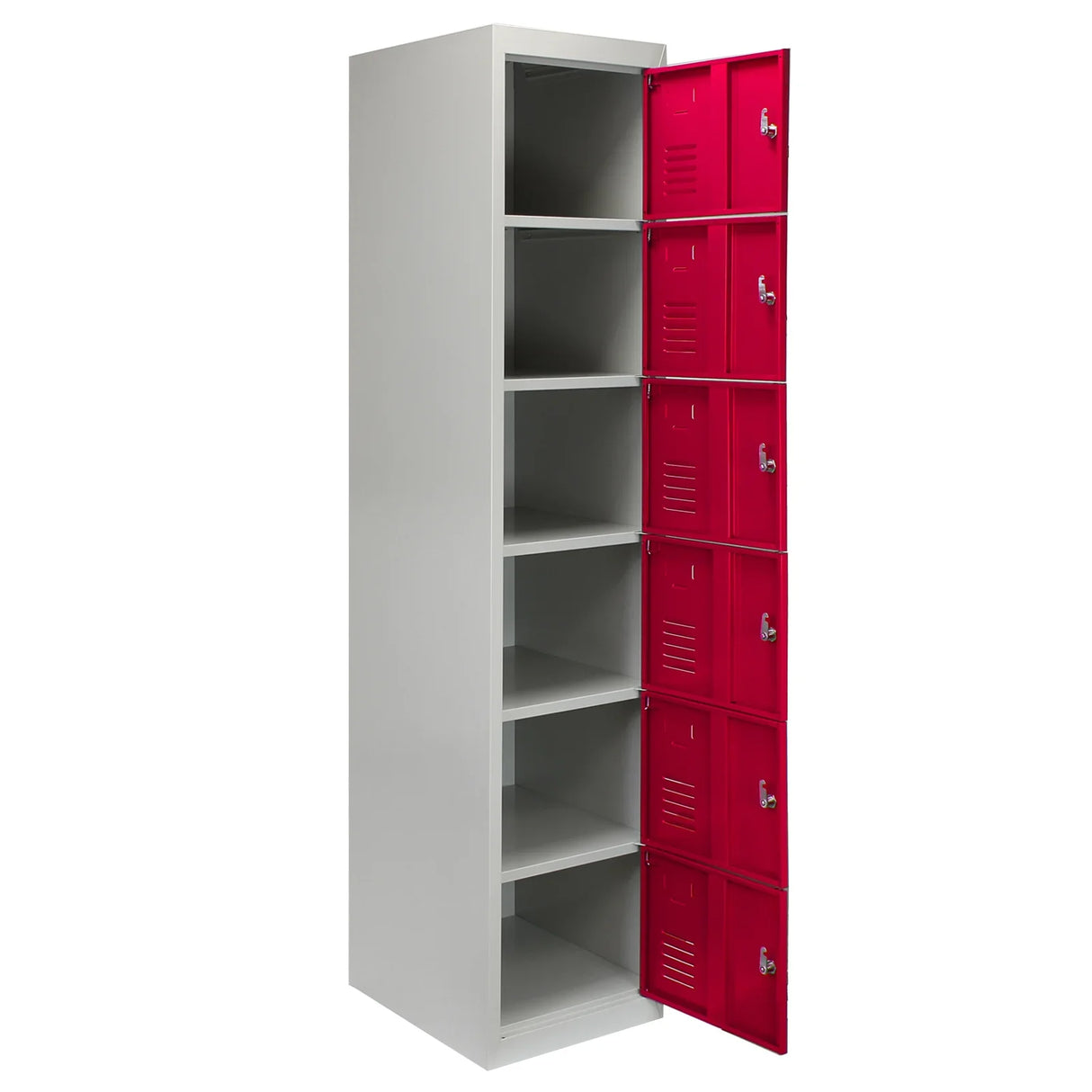 Red metal storage lockers with six flatpacked doors, featuring a sleek design and a combination of vibrant red and neutral gray colors