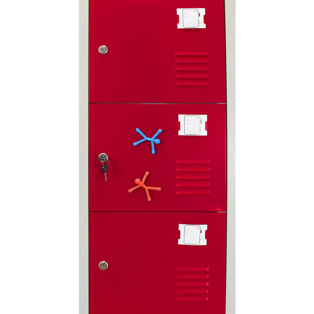 Red metal storage lockers with six doors, featuring colorful hooks and a key lock, showcasing a sleek flatpack design