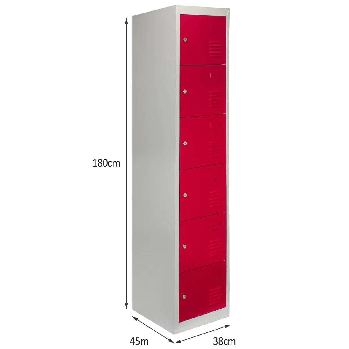 Red metal storage locker unit with six doors, featuring a sleek design and durable finish, ideal for organizing spaces