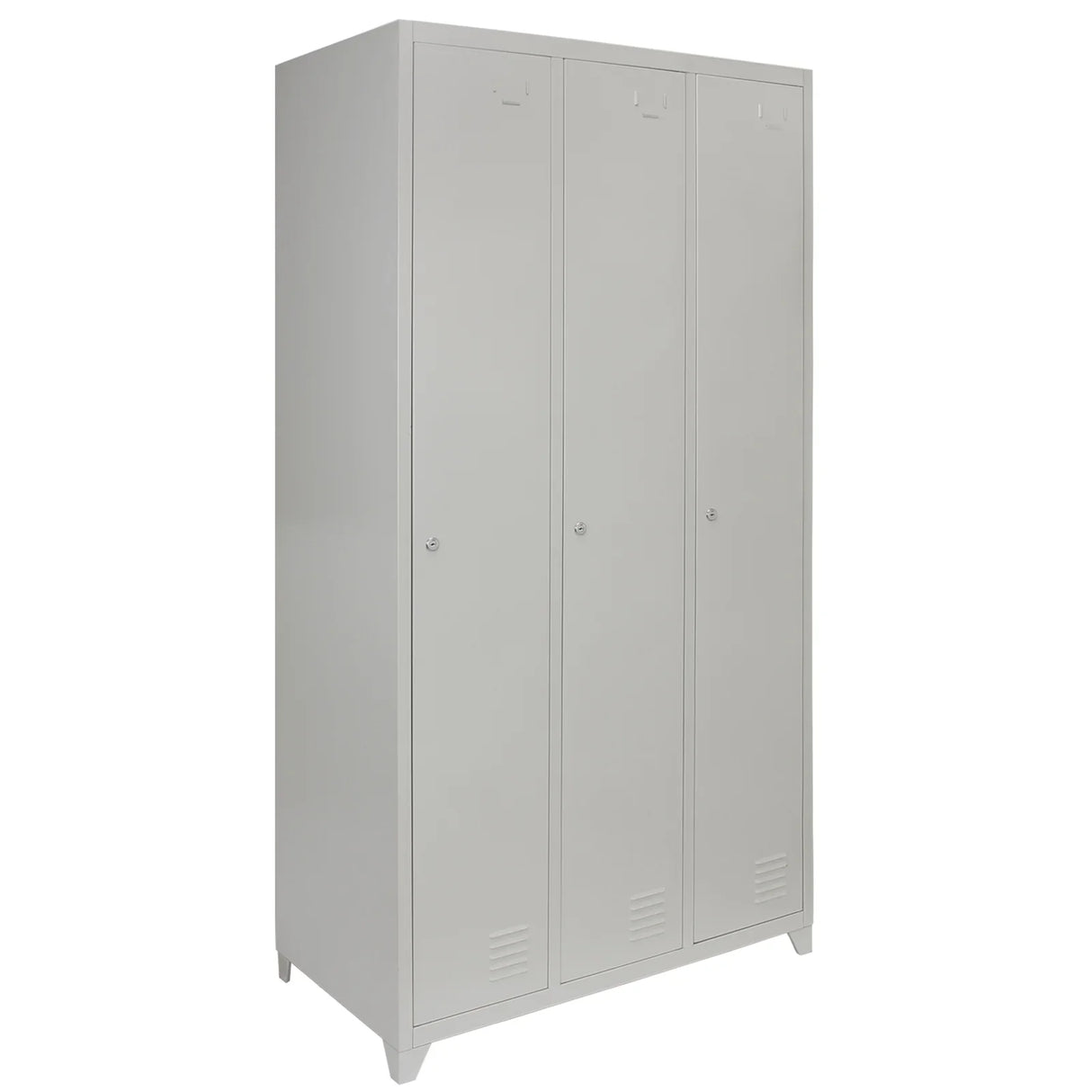 Grey metal storage lockers with three doors, featuring a sleek design, ventilation slots, and sturdy construction for durability