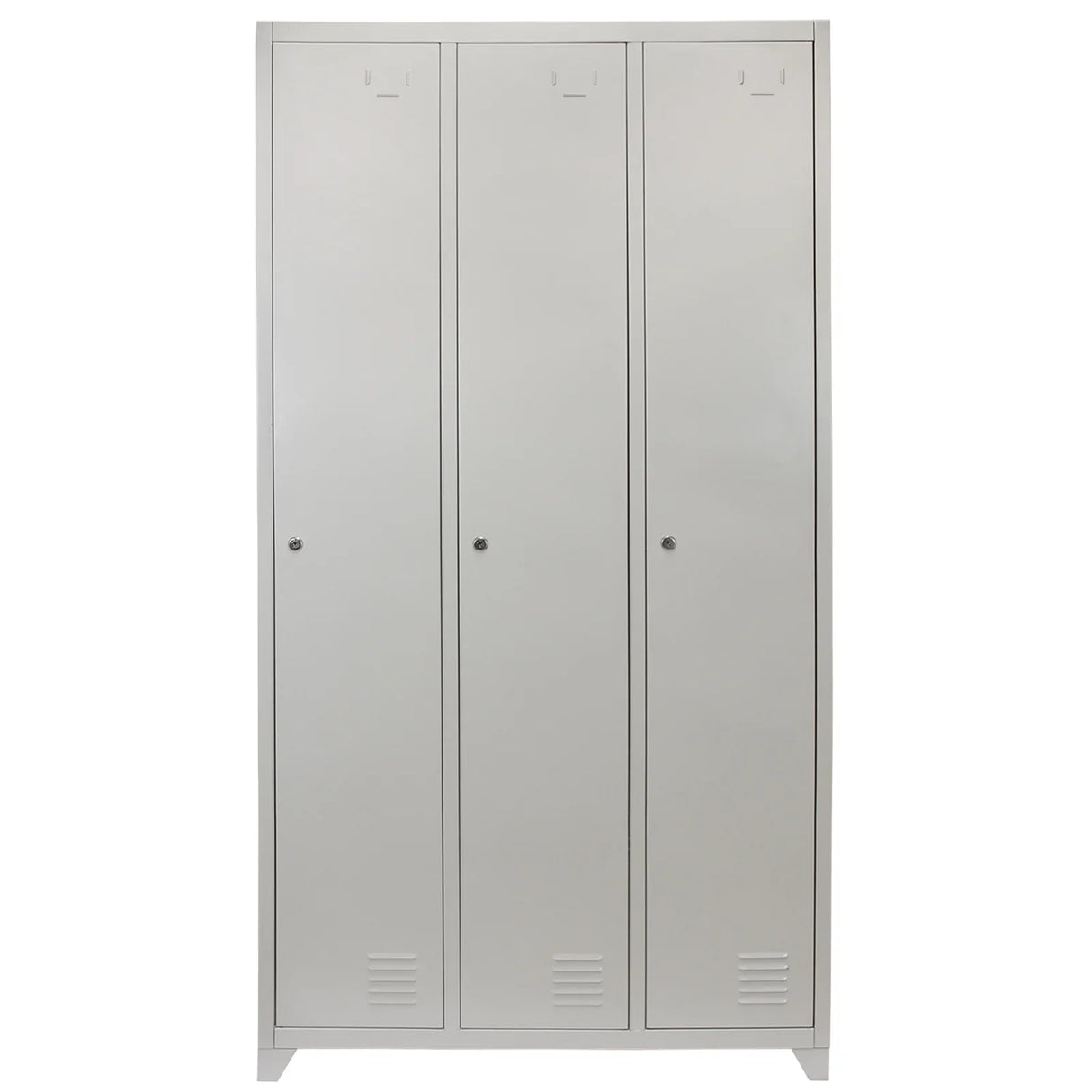 Three-door metal storage lockers in a sleek grey finish, featuring a smooth surface and ventilation slots at the bottom