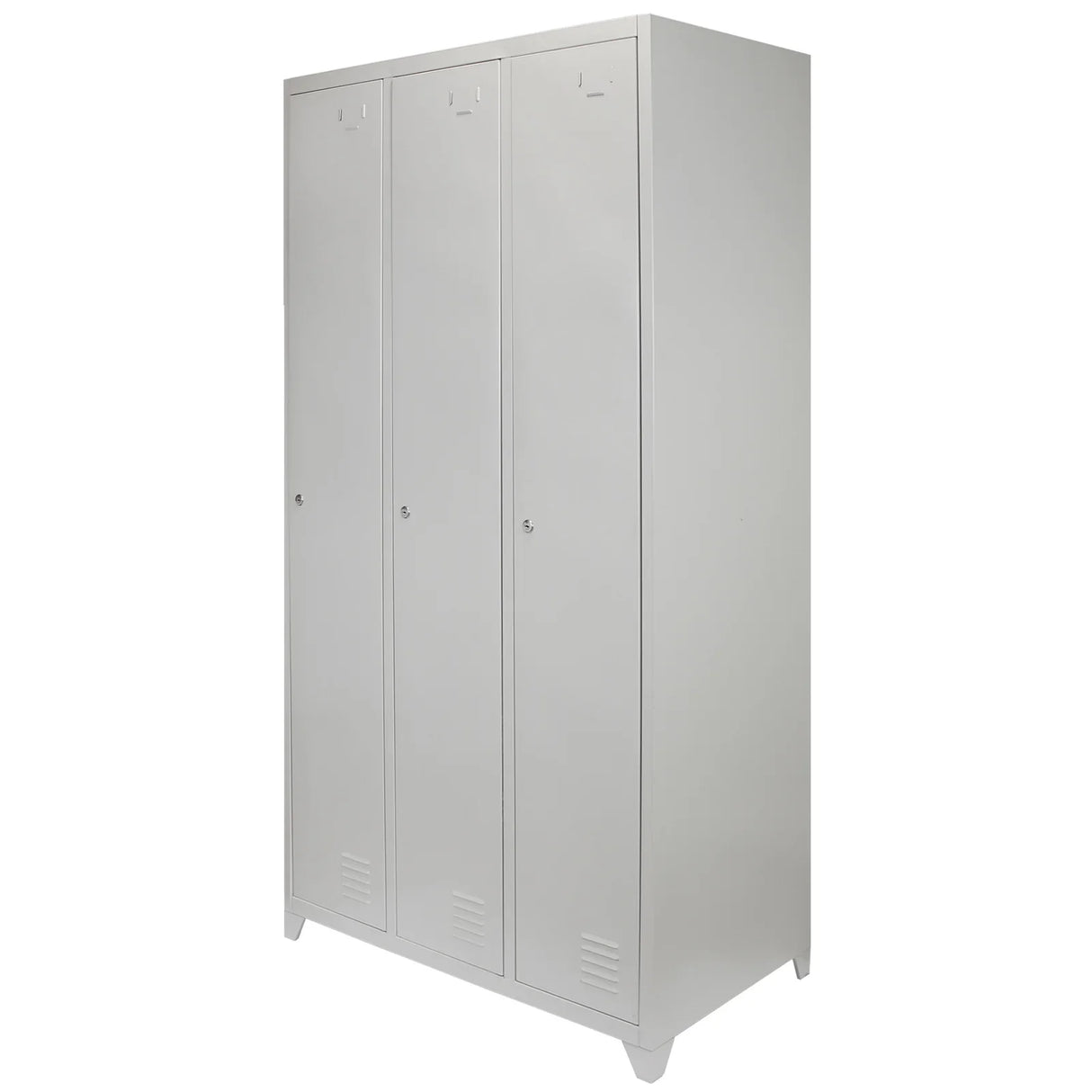 Three-door metal storage lockers in sleek grey finish, featuring ventilation slots and a sturdy design for secure organization