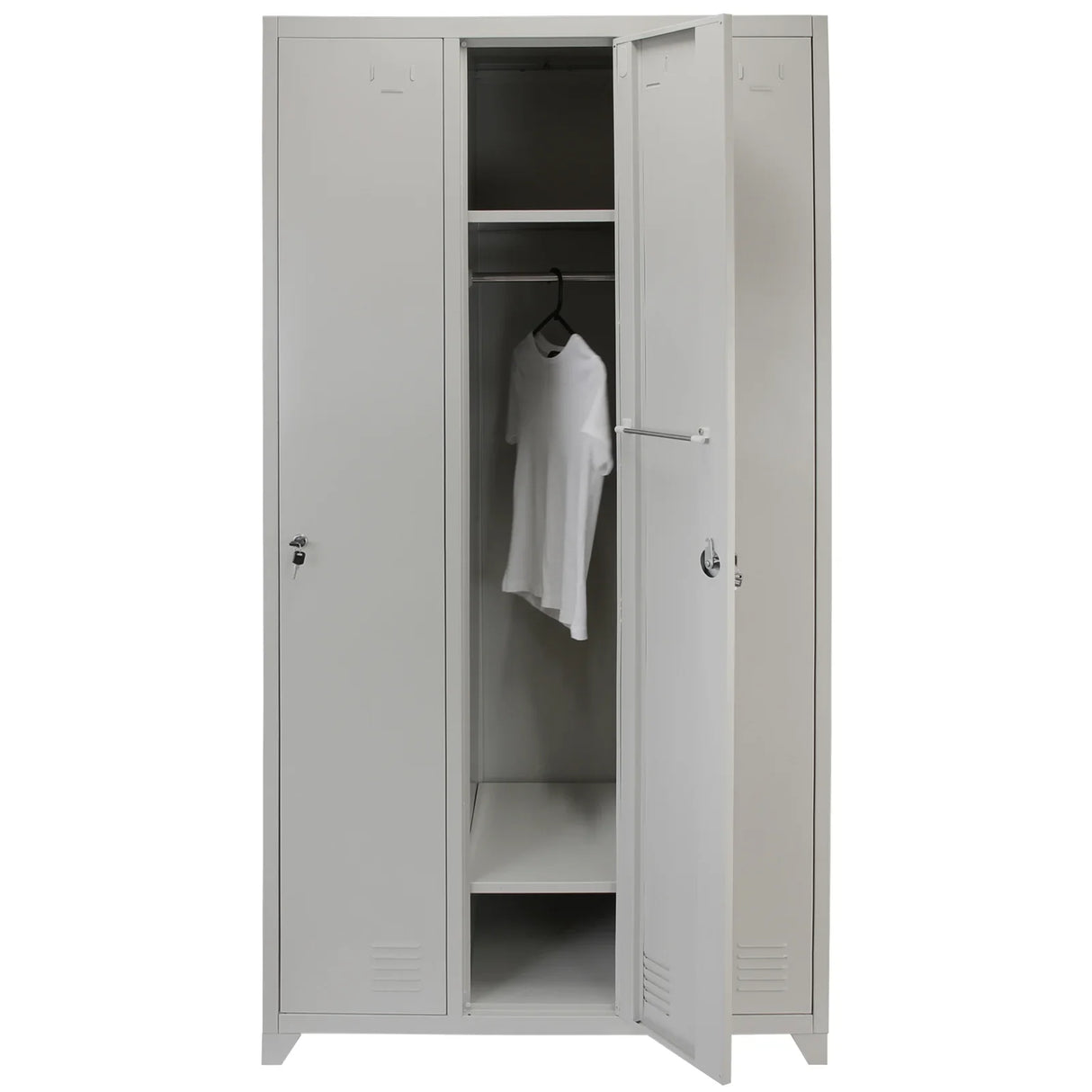 Grey metal storage locker with three doors, featuring a hanging rod and a shelf, ideal for organizing clothes and personal items