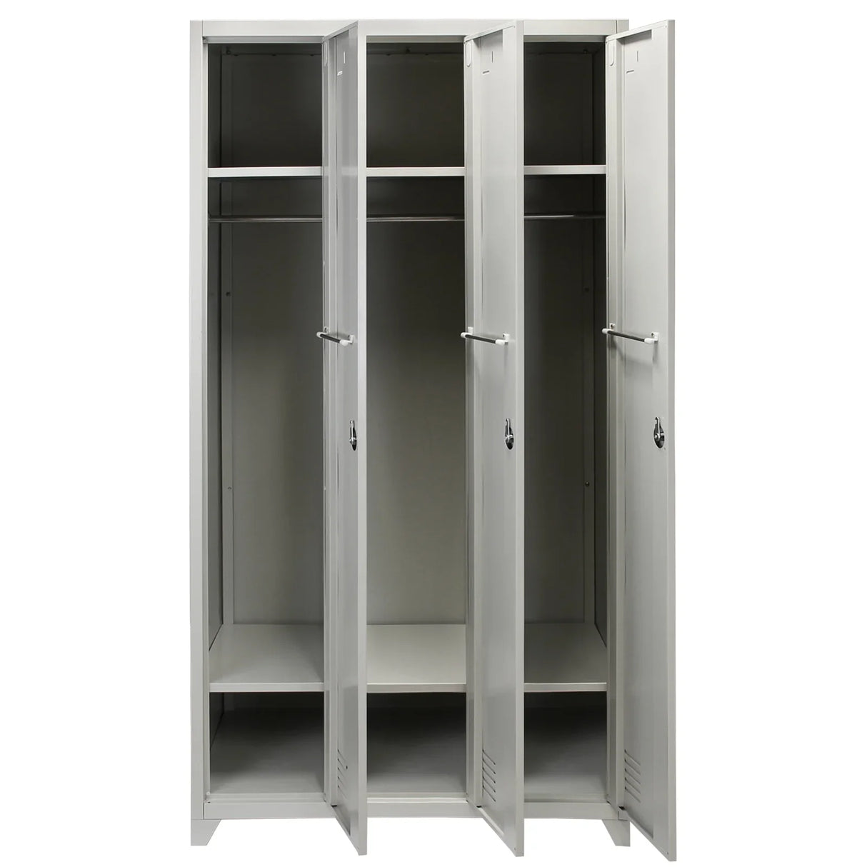 Grey metal storage lockers with three doors, featuring a sleek design, sturdy construction, and ample interior space for organization