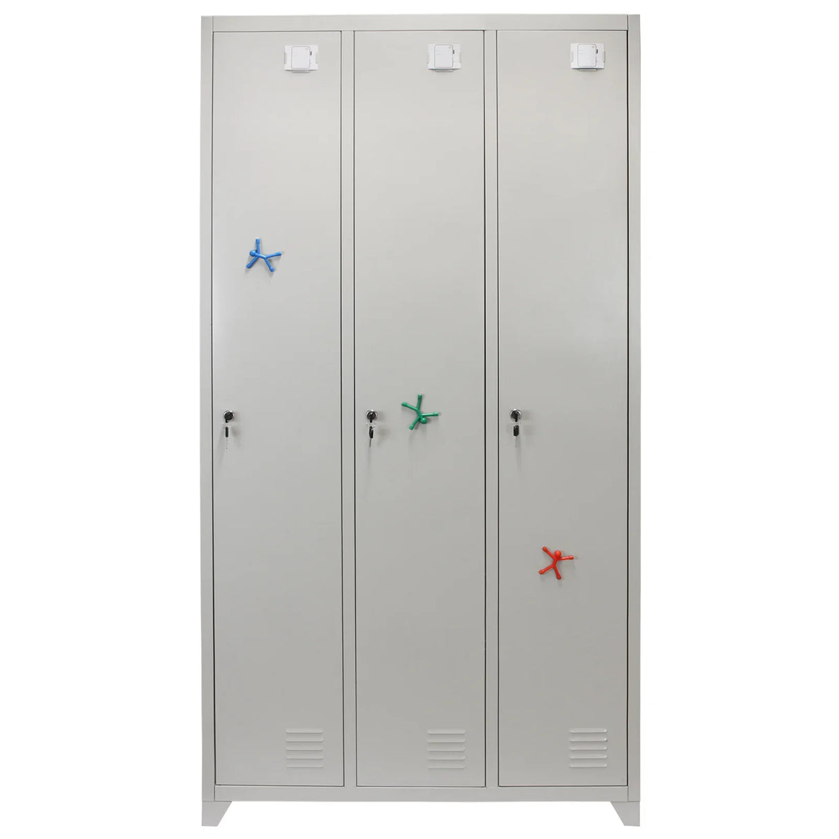 Grey metal storage lockers with three doors, featuring colorful hooks and ventilation slots for organization and airflow