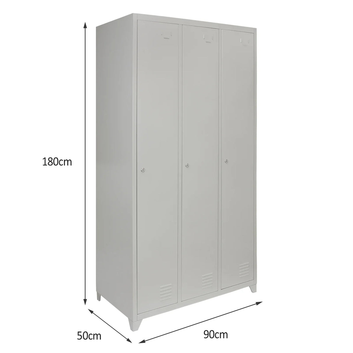 Grey metal storage lockers with three doors, featuring a sleek design, ventilation slots, and a durable finish, measuring 180cm tall