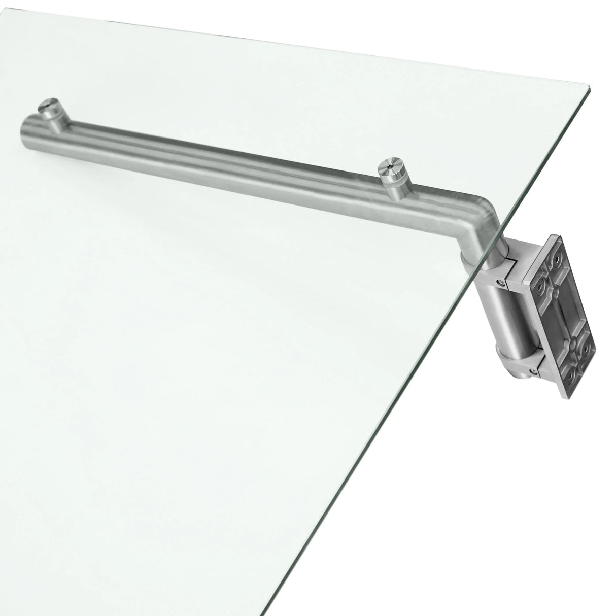 Clear glass door canopy with stainless steel brackets, featuring a sleek design and modern finish, ideal for outdoor entryways