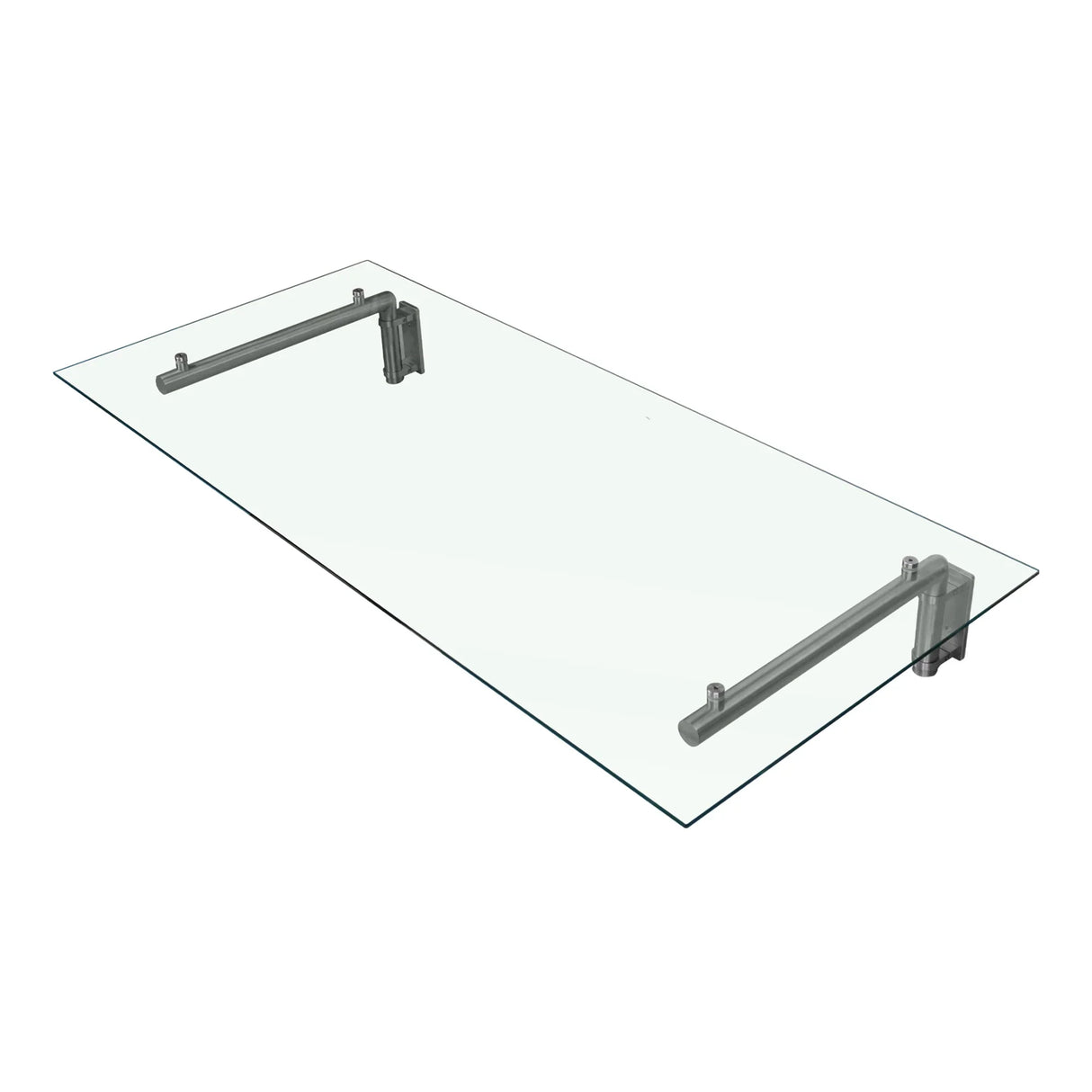 Clear glass door canopy with silver metal brackets, measuring 120cm wide by 80cm deep, showcasing a sleek, modern design