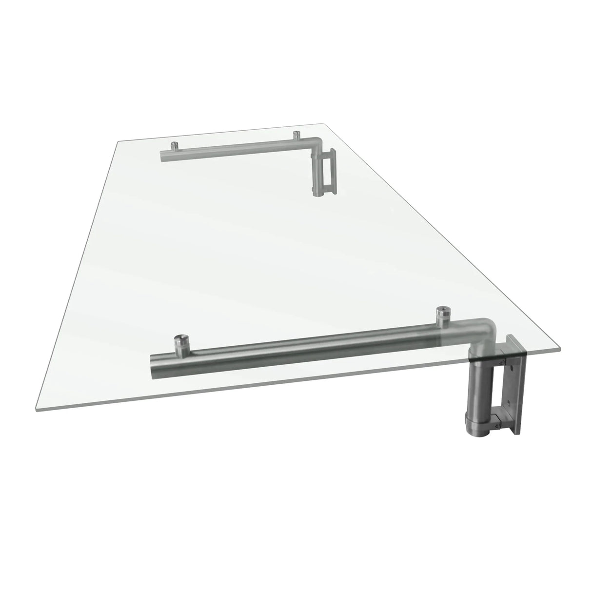 Clear glass door canopy with sleek stainless steel brackets, measuring 120cm wide by 80cm deep, showcasing modern design and durability