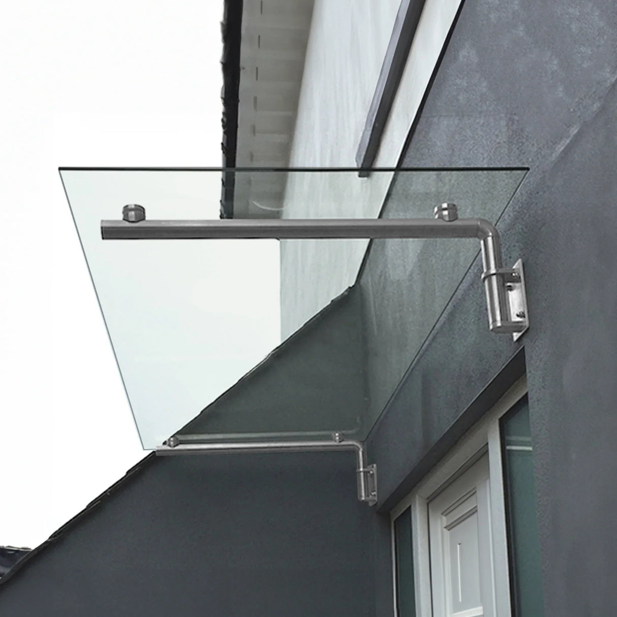 Stylish glass door canopy with sleek stainless steel brackets, measuring 120cm wide by 80cm deep, enhancing outdoor aesthetics