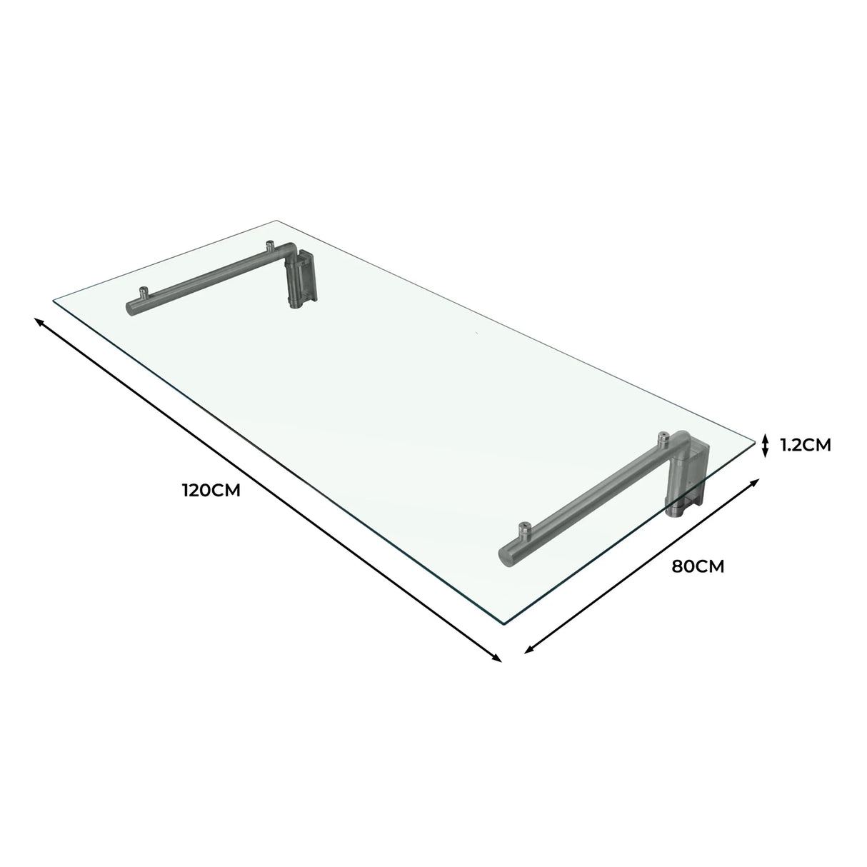 Clear glass door canopy measuring 120cm wide and 80cm deep, featuring sleek metal brackets for secure installation