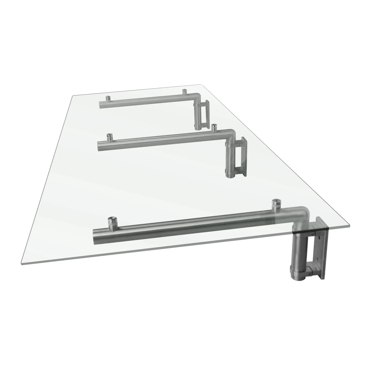 Clear glass door canopy with sleek metal brackets, measuring 180cm wide by 80cm deep, showcasing a modern design and sturdy construction