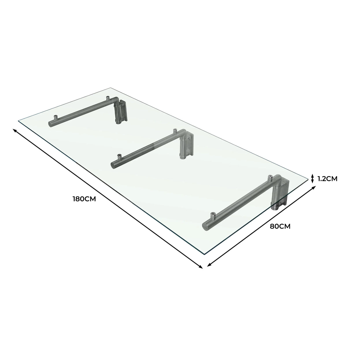Transparent glass door canopy with silver brackets, measuring 180cm wide and 80cm deep, showcasing a sleek, modern design