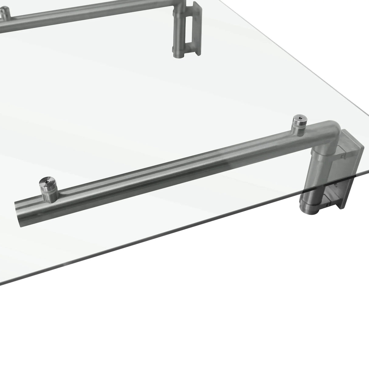 Clear glass door canopy with stainless steel brackets, showcasing a sleek, modern design and durable construction for outdoor use