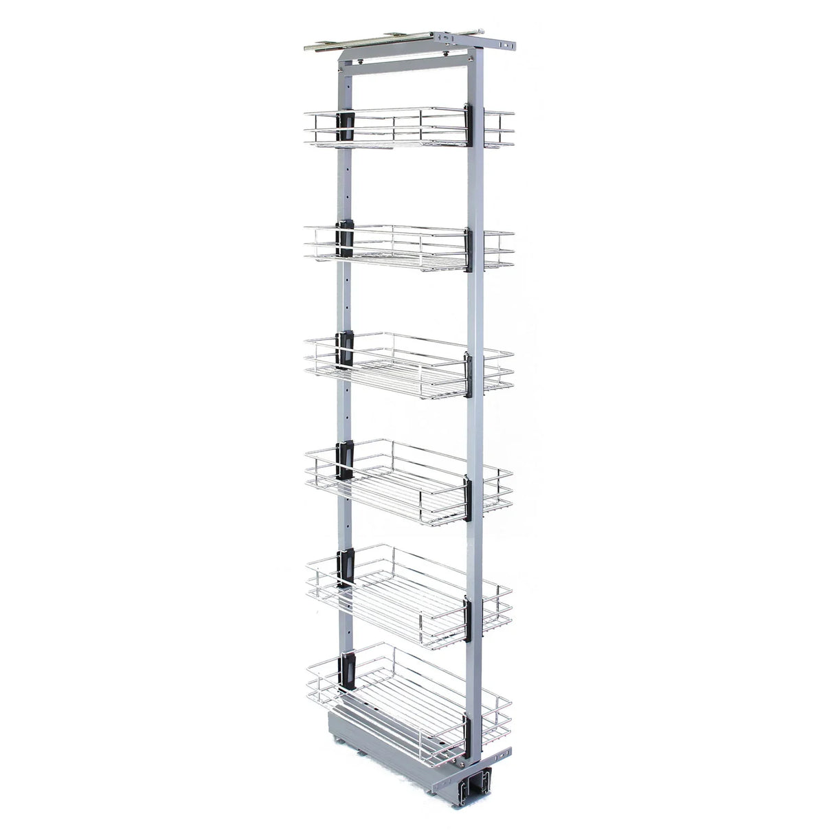 KuKoo pull-out soft close kitchen larder with six wire baskets, sleek silver metal frame, adjustable height 190-220cm, 46cm deep