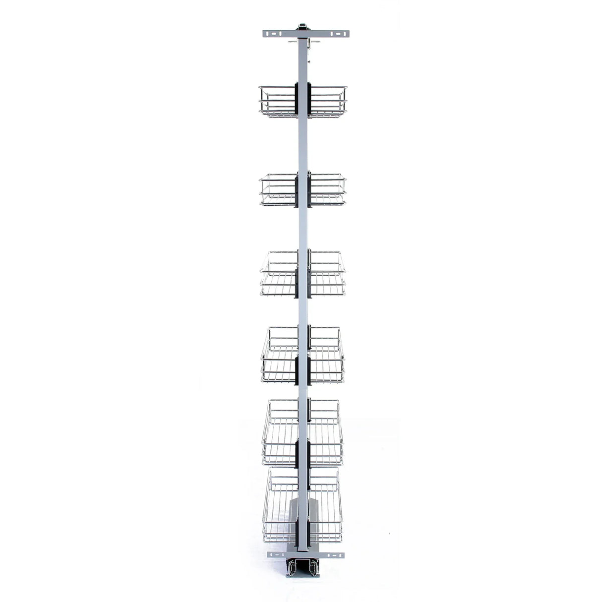 KuKoo pull-out soft close kitchen larder with six wire baskets, sleek silver frame, and adjustable height from 170-195cm