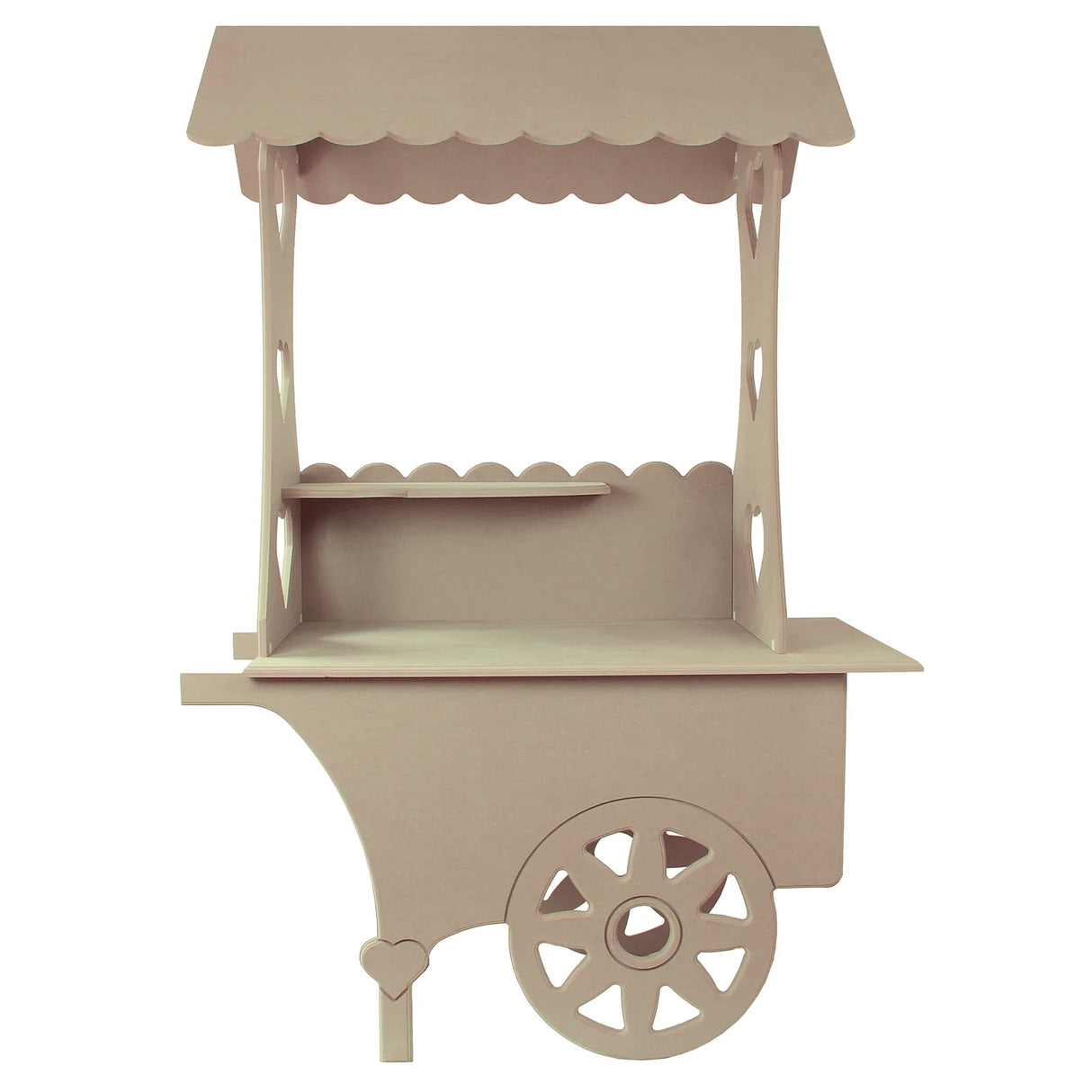 KuKoo Candy Cart Wedding Sweet Stall in light beige, featuring a scalloped roof, open shelves, and decorative heart-shaped wheel
