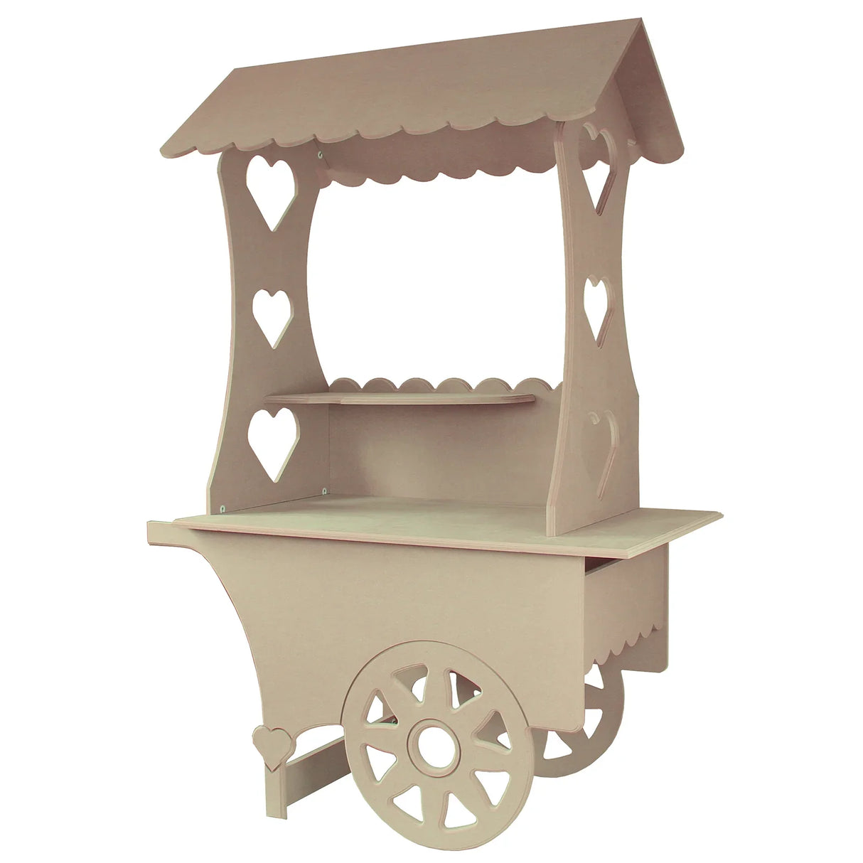 KuKoo Candy Cart Wedding Sweet Stall in light beige, featuring heart-shaped cutouts, a scalloped roof, and decorative wheels