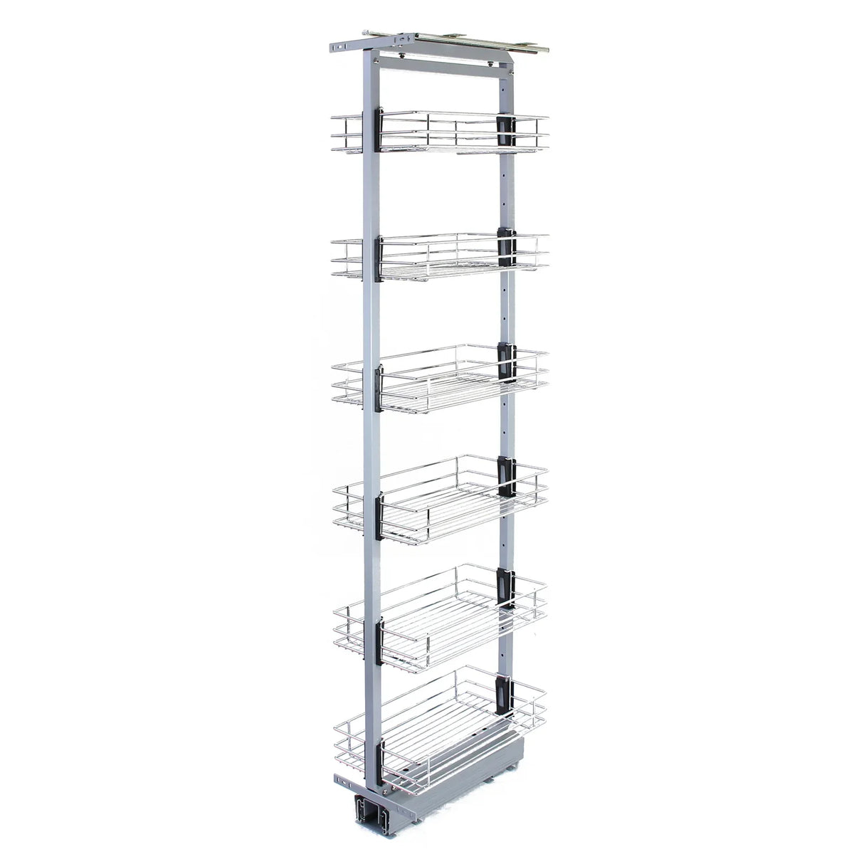 KuKoo pull-out soft close kitchen larder with six wire baskets, sleek silver finish, adjustable height 170-195cm, 46cm deep