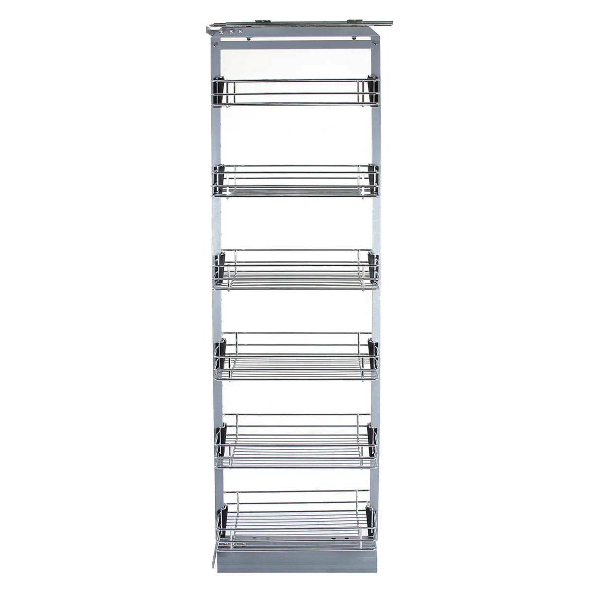 KuKoo pull-out soft close kitchen larder in silver, featuring six wire shelves for organized storage, measuring 46cm D x 190-220cm H