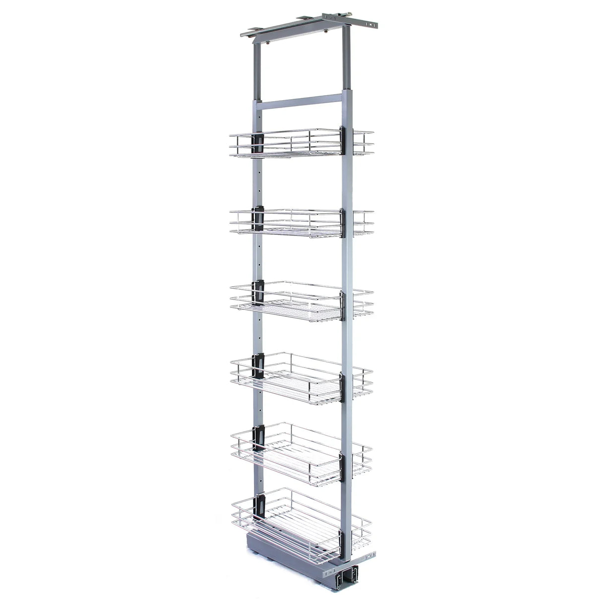 KuKoo pull-out soft close kitchen larder with six wire baskets, sleek silver frame, ideal for maximizing storage space in kitchens