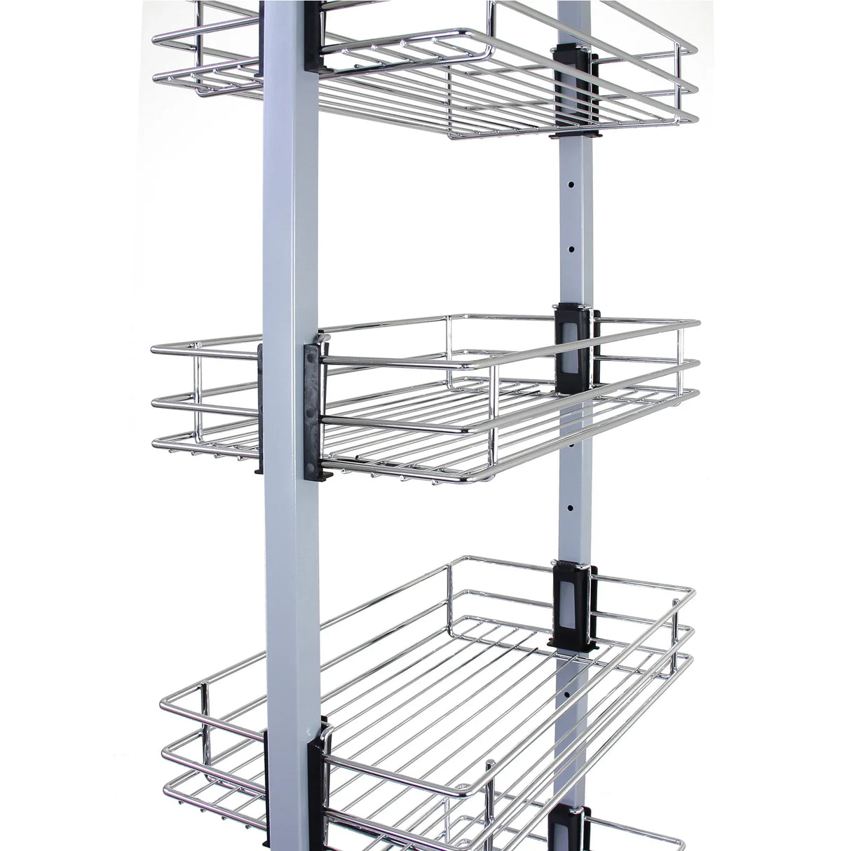 KuKoo pull-out soft close kitchen larder with three chrome wire baskets, sleek design, and adjustable height for versatile storage