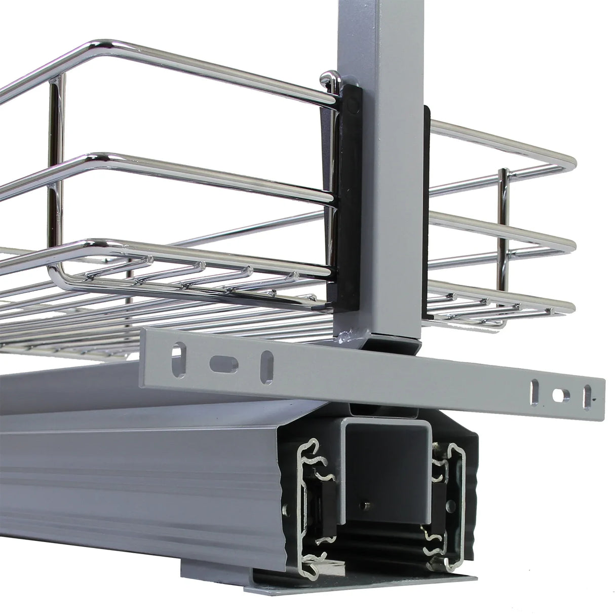 KuKoo pull-out soft close kitchen larder with sleek chrome wire basket, sturdy gray frame, and smooth sliding mechanism
