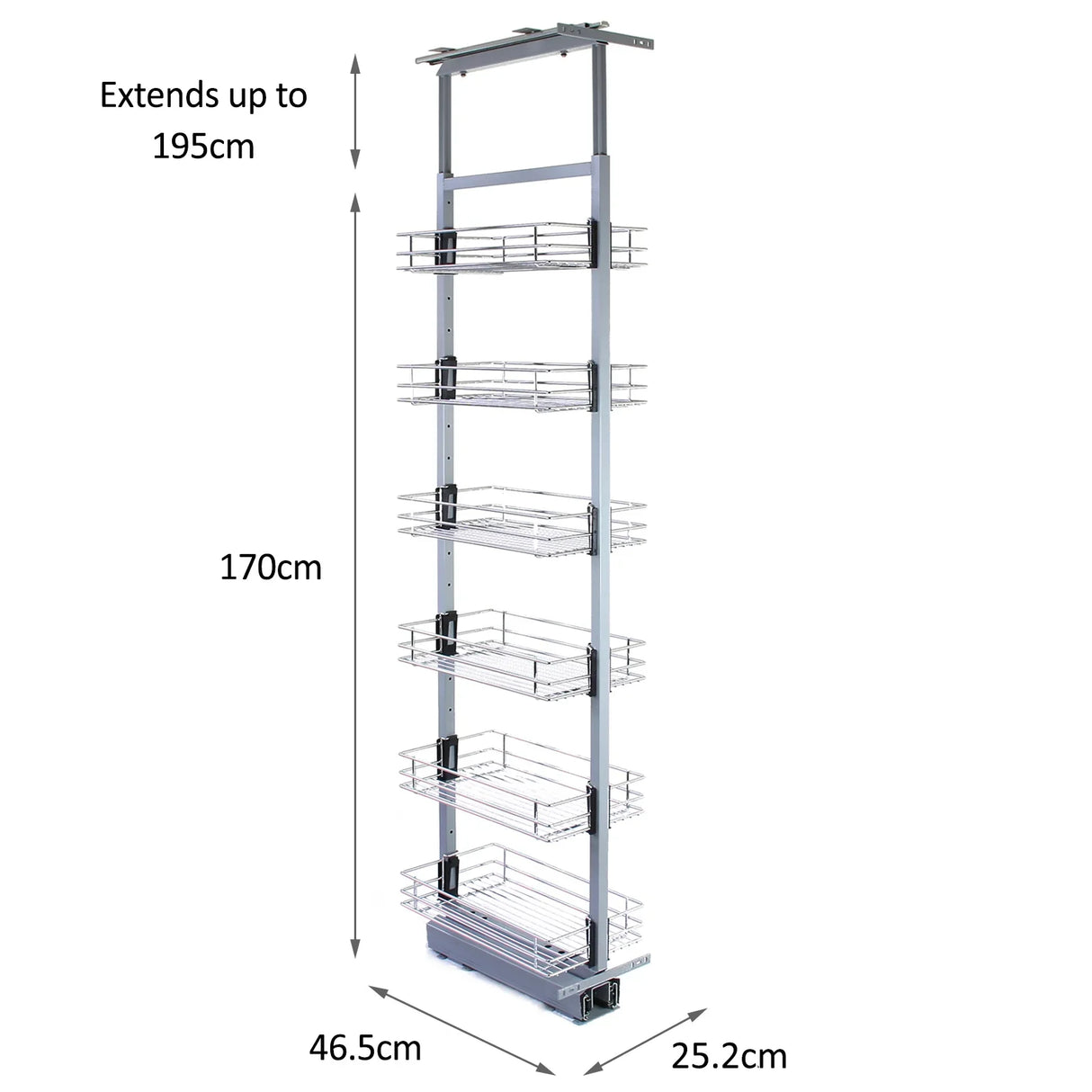 KuKoo pull-out soft close kitchen larder with six wire baskets, adjustable height from 170 to 195cm, sleek silver finish