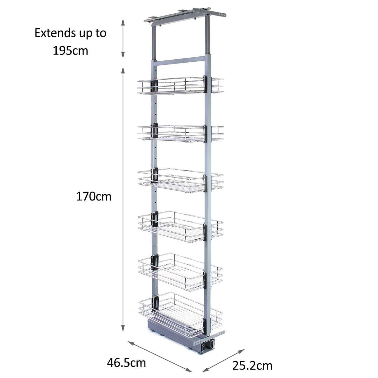KuKoo Pull Out Soft Close Kitchen Larder with five chrome wire baskets, adjustable height from 170cm to 195cm, sleek silver finish