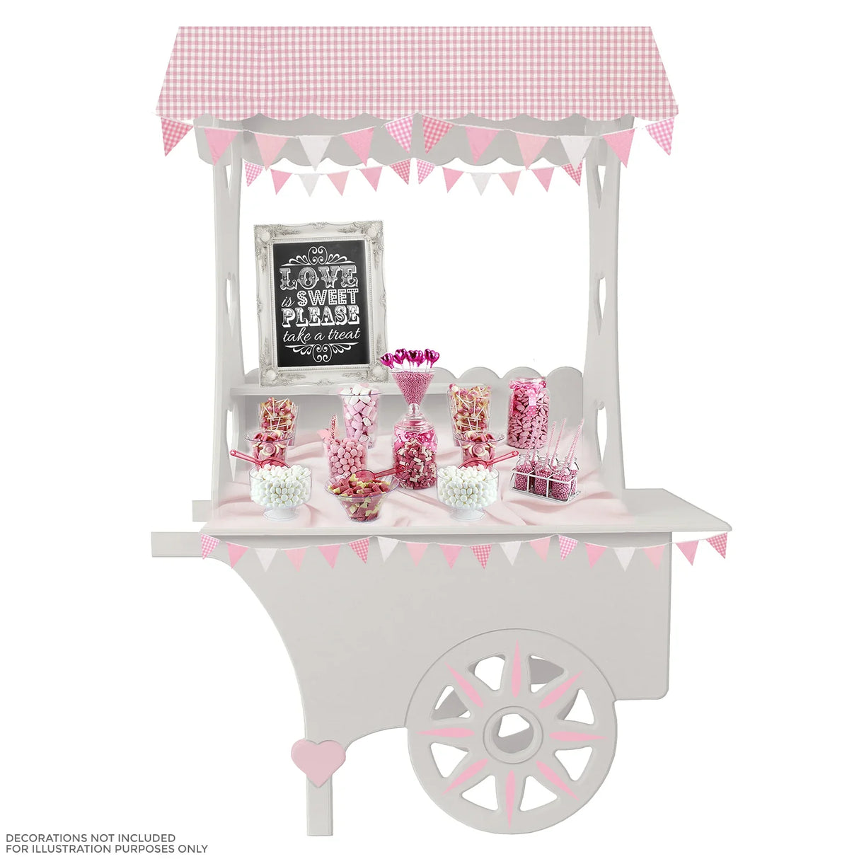 KuKoo Candy Cart in white with pink accents, featuring a charming display of sweets, decorative bunting, and a chalkboard sign