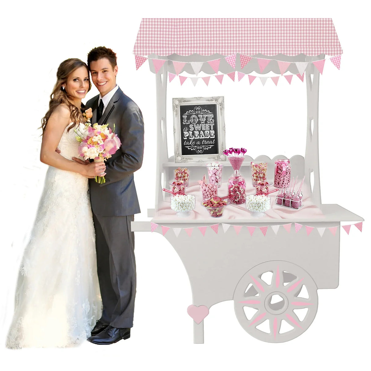 KuKoo Candy Cart Wedding Sweet Stall with pink accents, decorated with bunting, showcasing colorful candies and a chalkboard sign