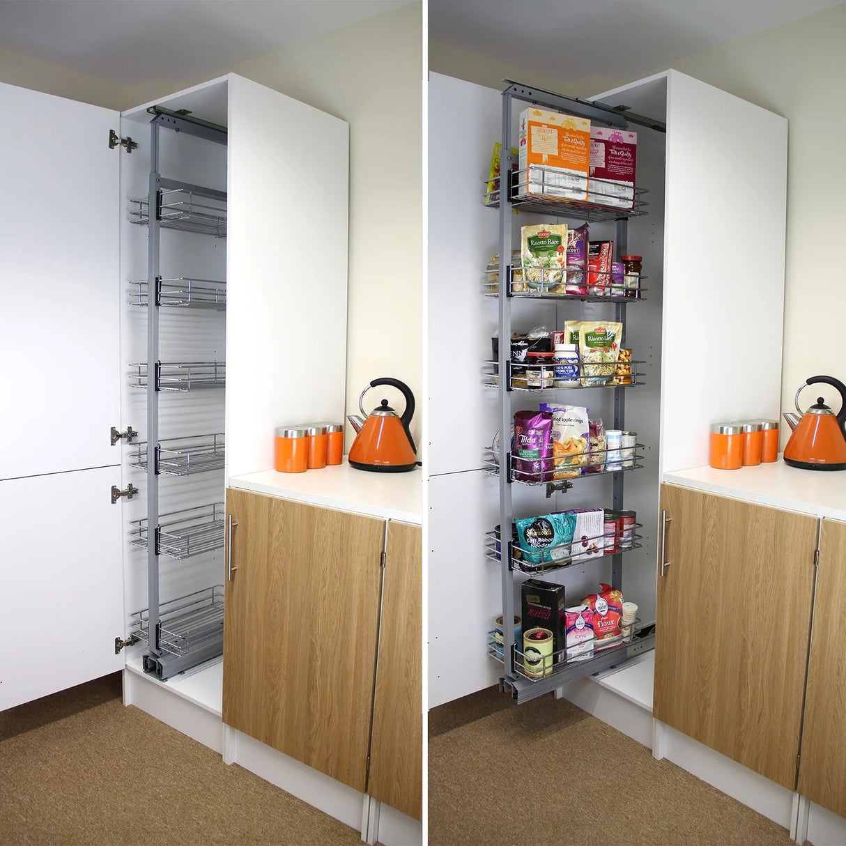 KuKoo pull-out soft close kitchen larder in white and wood finish, featuring adjustable shelves for organized storage of pantry items