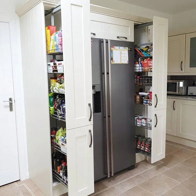 KuKoo Pull Out Soft Close Kitchen Larder with sleek white finish, metal wire shelves, and spacious storage for kitchen essentials
