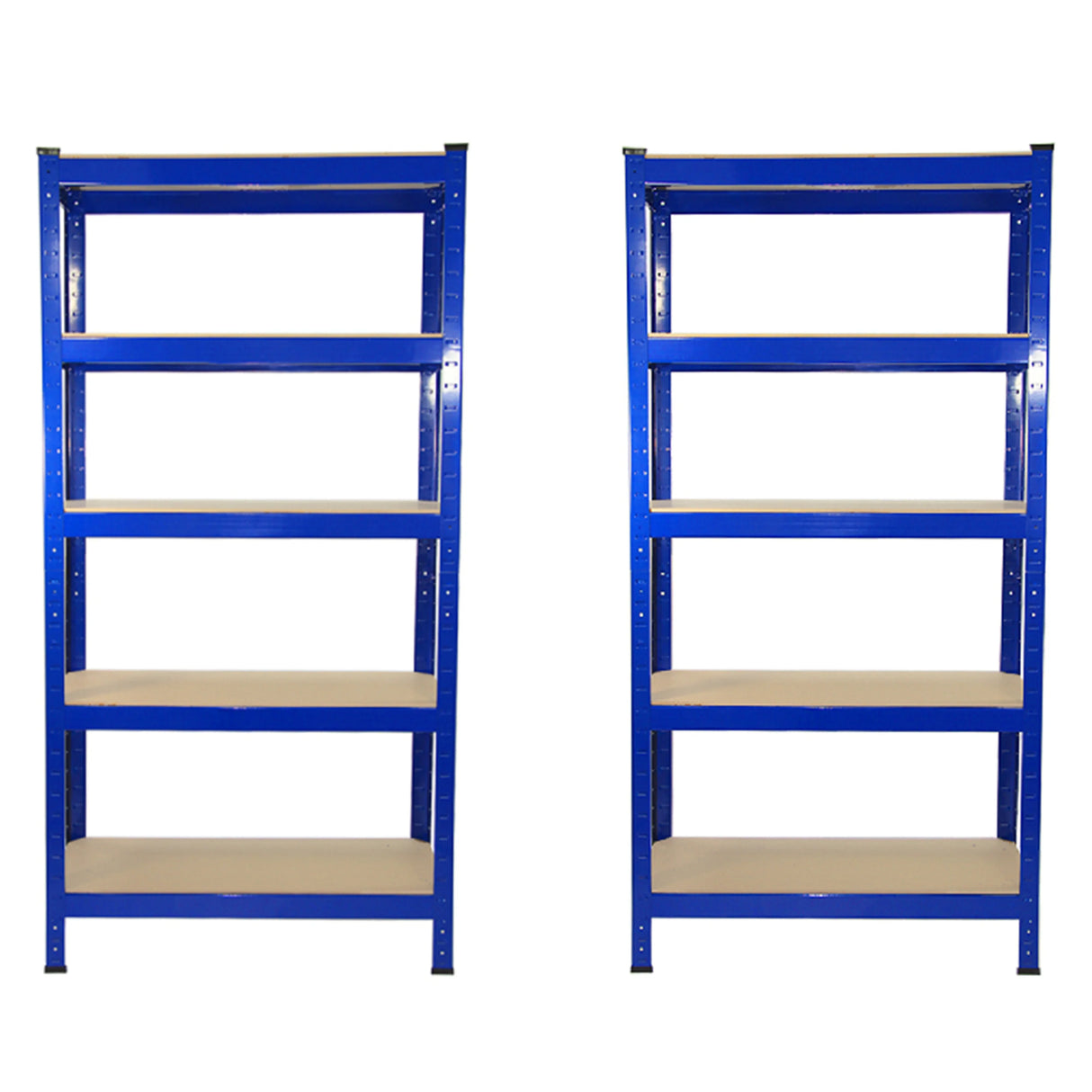 Two blue metal racking units with five shelves each, measuring 75cm x 150cm x 30cm, ideal for storage and organization