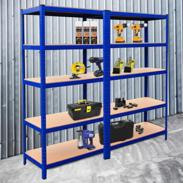 Blue metal racking units with five shelves, showcasing tools and storage boxes, ideal for organizing garages or workshops