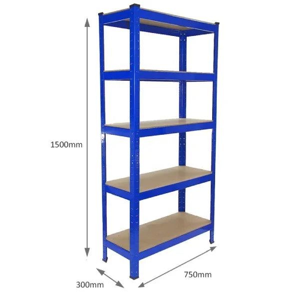 Blue metal racking unit with five shelves, measuring 75cm wide, 150cm high, and 30cm deep, ideal for storage and organization