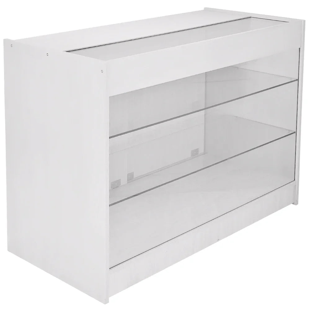 K1200 retail display cabinet in brilliant white with three glass shelves, sleek design, and modern finish for showcasing products