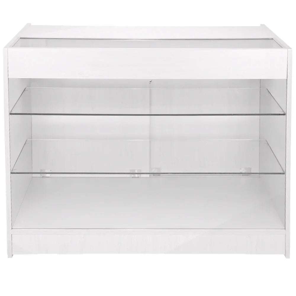 K1200 retail display cabinet in brilliant white with glass shelves, sleek design, and modern finish, perfect for showcasing products