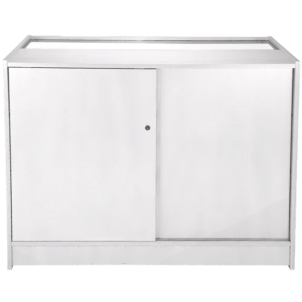 Brilliant white retail display counter with a sleek design, featuring a single door and a glass top for showcasing products