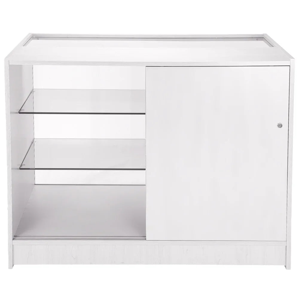 K1200 retail display cabinet in brilliant white, featuring a sleek design, glass shelves, and a smooth sliding door for easy access