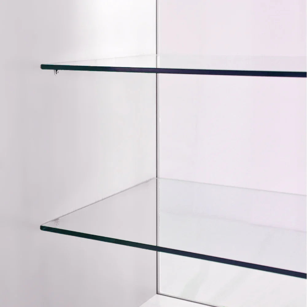Brilliant white retail display set featuring sleek glass shelves, ideal for showcasing products in a modern shop environment